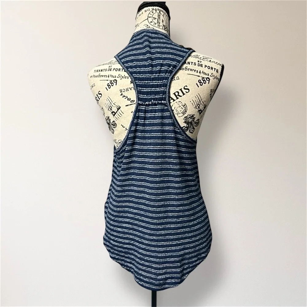 Free People XS Blue Striped Embroidered Faux Wrap Tank Boho Floral Top Festival‎